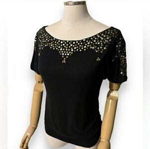 CACHE Metallic Studded Embellished Scoop Neck Black Top